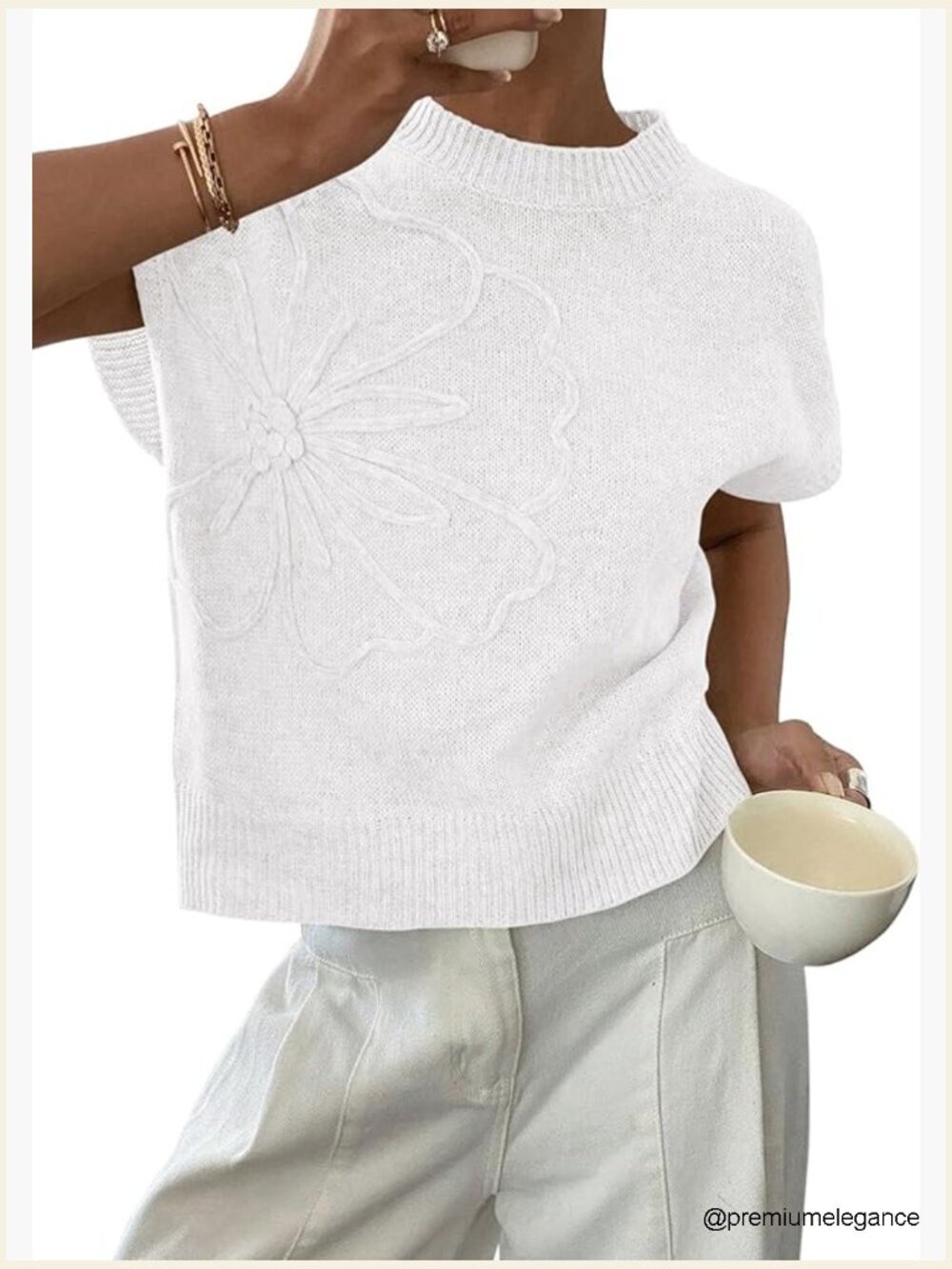 Lightweight Knit Sweater Vest with 3D Flower, Cap Sleeve, Crewneck